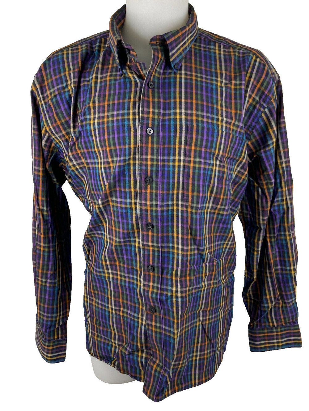 Alan Flusser Men XXL Long Sleeve Shirt Purple Orange Black Plaid Check